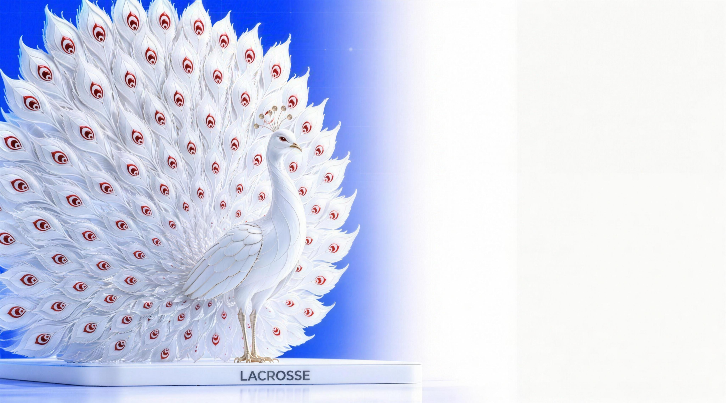 Weißer Pfau mit Lacrosse-Schriftzug