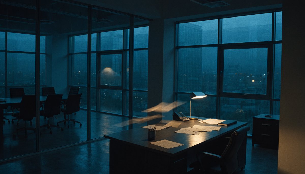 Ein leeres Büro bei Nacht, nur eine Schreibtischlampe brennt
