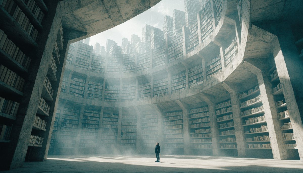 Eine Bibliothek aus Beton, deren Regale sich zu einer Stadt am Horizont krümmen