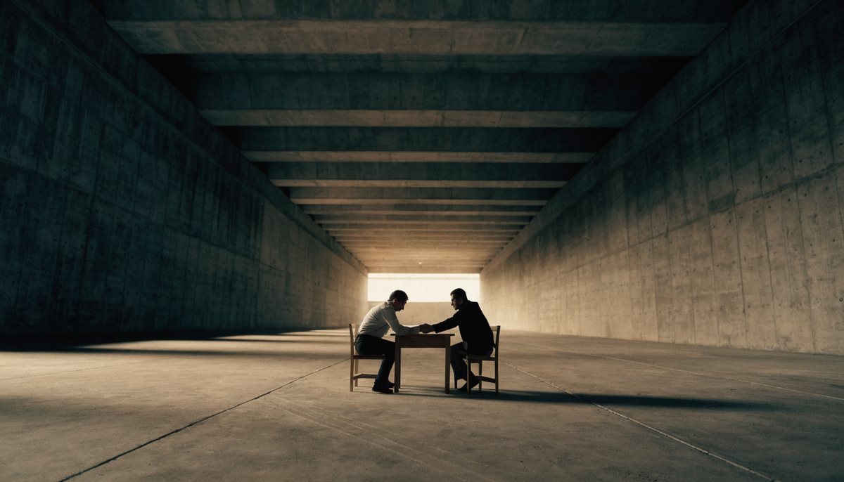 Zwei Menschen geben sich an einem Tisch die Hand, klein in einer riesigen Betonhalle